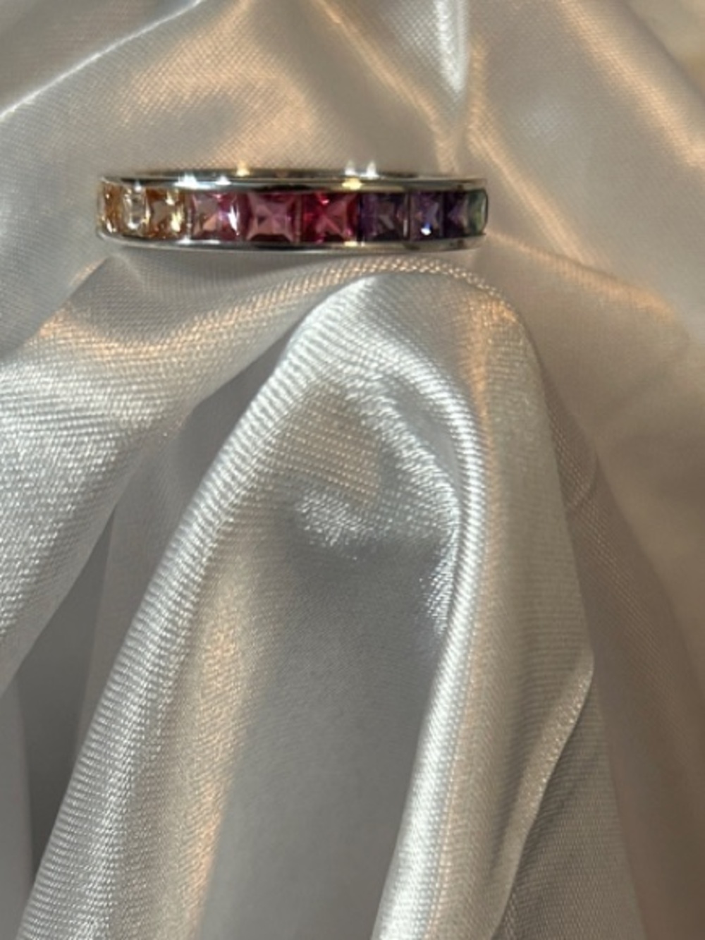 Multicolored Gemstone Eternity Band  Ring in 925 Silver with Rhodium Finish NEW